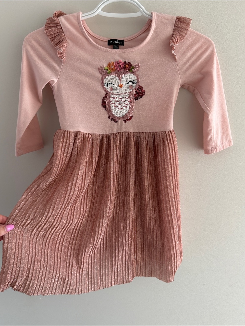 10 for $20💗Zunie Girls' Blush Pink Owl Sparkle Pleated Dress